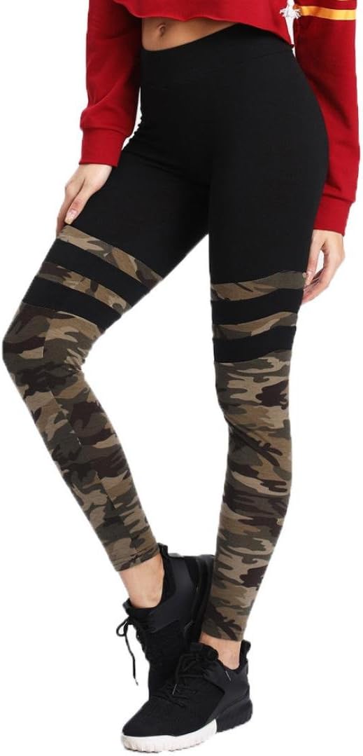 Women Yoga Pants, Hmeng Ladies Camouflage Workout Leggings High Waist Yoga Pants Gym Running Athletic Trouser (Black, L)
