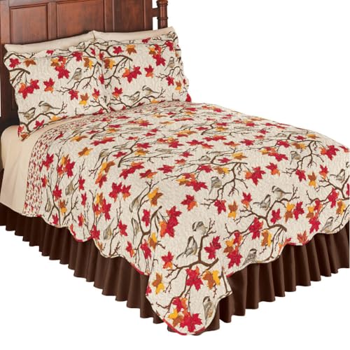 Collections Etc Fall Chickadees on Branches with Leaves All Over Reversible Quilt