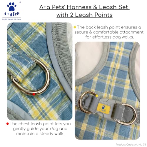 Image of A+a Pets' Harness & Leash Set(Combo) for Cats, Puppies, Small Dogs with 2 Leash Points - Escape Friendly | Night Safety | Reflective Strips |100% Cotton (Blue, XXS)