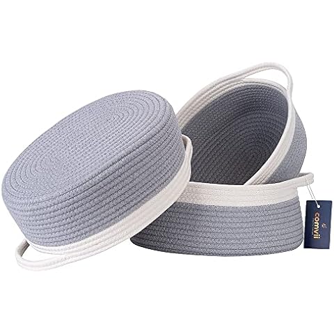 Comvi Rope storage baskets - 100% Cotton rope basket (Pack of 3)- toy storage baskets for shelves - Gift Baskets empty - Grey Storage Baskets - Woven Storage Basket Cover
