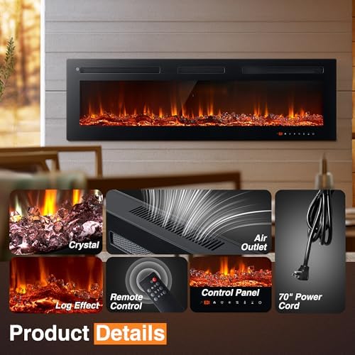 oneinmil Electric Fireplace, 50 inch Wide Recessed/Wall Mounted Electric Fireplace, Remote Control with Timer 12 Adjustable Color Flame, Remote Control,with Crystal Stone, 750/1500W - Thumbnail 2