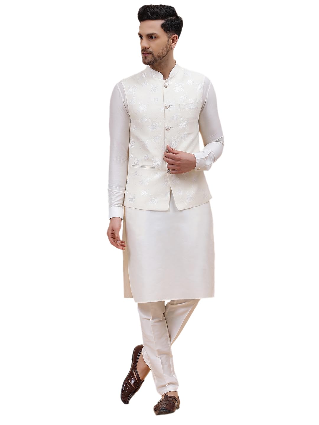 See Designs Men Off White Kurta Pajama & Gold Woven Design Jacquard Nehru Jacket - Sd2Nj_24201Xl