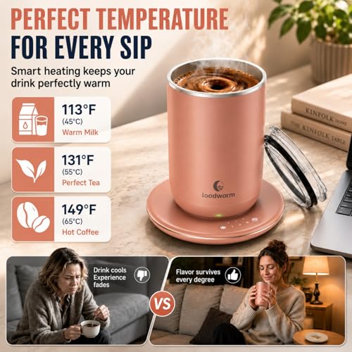 Self Stirring Heated Coffee Mug, 10 fl oz Magnetic Mixing Cup with Coffee Warmer, 3 Temp Settings, Food-Grade Stainless Steel Interior, Plug-in Desk Mug for Office Home, 8H Auto Shut-Off, DustyRose — view 3