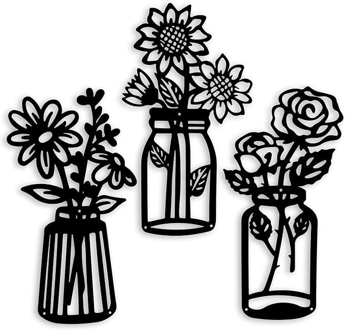 BLIND SHOP 3-Piece Sunflower Roses Daisy Black Metal Flowers Wall Decor, Metal Vase Wall Art, Hanging for Indoor & Outdoor, 14.56x7.87 inches-image-30