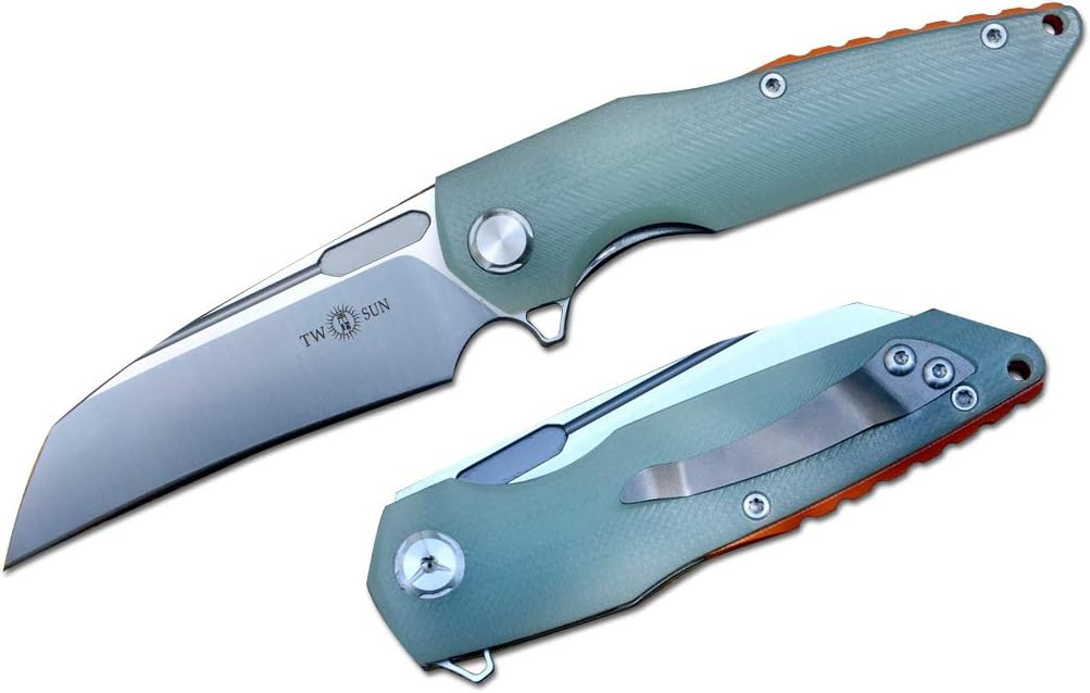 TwoSun Survival Pocket Knife TS48 Jade G10 Handle D2 Stainless Steel Blade,with Clip for Camping Outdoor EDC and Gift