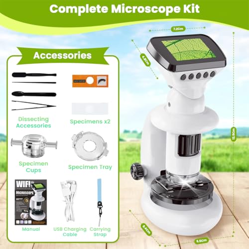 Image of 1000X WiFi Digital Microscope for Kids & Students, 2 inch LCD Screen, 1080P HD Handheld Portable Microscope with Screen Share, Rechargeable, Photo Video Recording for Lab, Classroom & Home Use