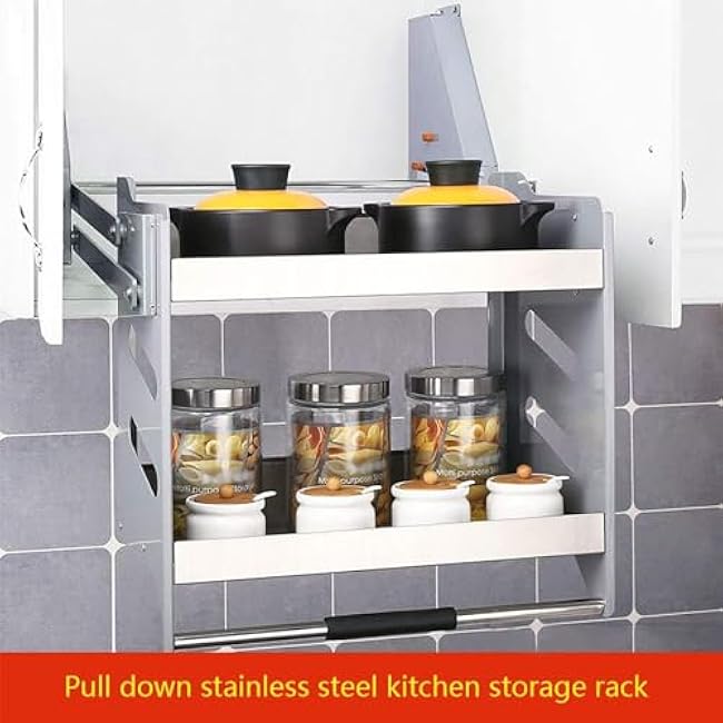 2 Tier Pull Down Kitchen Shelf, Home Wall Cabinet Storage Lifting Basket, 30kg Weight-Bearing Stainless Steel Storage Rack for Seasoning Bottles-cVWEU1Xt