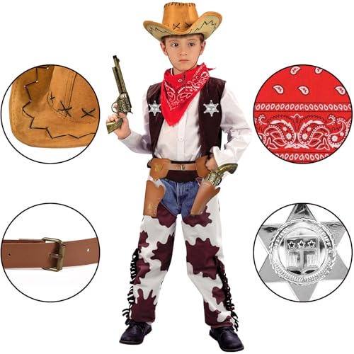 G.C 9 Pieces Cowboy Costume Accessories for Boys Girls Kids Hat Bandanna Metal Sheriff Badge Belt Holster Western Cowboy Outfit Kit for Halloween Party Dress Up Pretend Play - Image 3