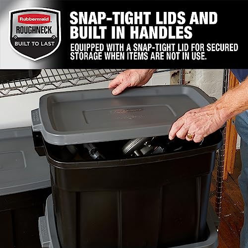 Image of Rubbermaid Roughneck Tote Durable 18 Gallon Stackable Plastic Storage Containers with Lids and Easy Carry Handles, Pack of 6, Black /Cool Gray
