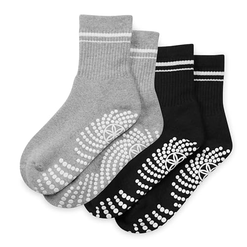 Gaiam Grippy Crew Socks (2-Pack, Grey/Black), Non-Slip, Full-Toe Comfort Grippers for Yoga, Pilates, Dance, and Home Workouts, Universal Fit Grip Socks for Indoor and Outdoor Activities