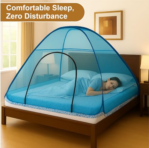 Image of Healthgenie Foldable Mosquito Net for Double Bed, Pop-Up Insect Net with Frame, Portable & Breathable Mesh Canopy for Home & Travel Use (Multicolour- Assorted)