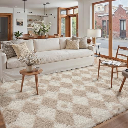 HUGEAR Flauschig Teppich Wohnzimmer 160x230 Teppiche Beige Weiß Shaggy rutschfest Rautenmuster Carpet Kinderzimmer MäDchen Junge Schlafzimmer Hochflor Weich Akzent Beige Weiß 160 x 230 cm (R
