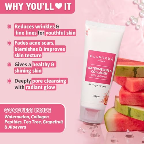 Image of Glamveda Watermelon 3 Step Skincare Routine | Face Wash, Facial Kit & Peel Off Mask | For Glowing Skin | Reduce Acne Scars, Fine Lines & Wrinkles | For Women & Men | All Skin Type