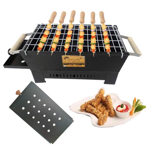 HOT BERG Picnic Portable Charcoal Barbeque Grill (anegthi) with 8 Wooden Handle skewers with Hand Glove and Tong combo