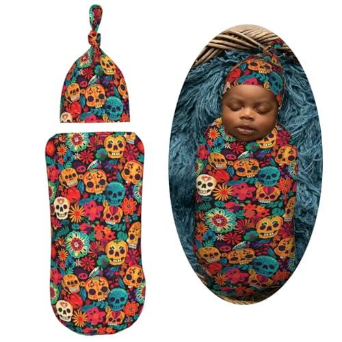 Image of Big Skulls and Flowers Newborn Swaddle Blanket with Beanie Set Soft Baby Sack Stretch Adjustable Swaddle Wraps Receiving Blankets
