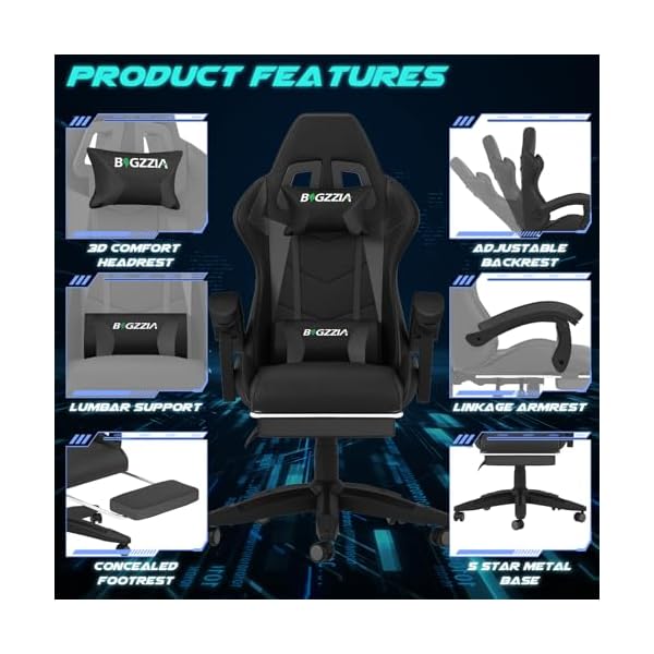 Ergonomic Gaming Chair with Footrest, Headrest, Lumbar Support, Reclining Backrest, and Adjustable Height for Adults (With Footrest, Black) - Image 8