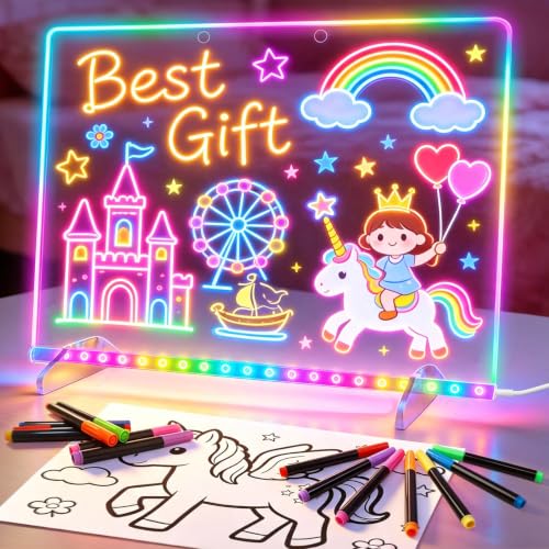 LED Note Board with 8 Colors 6 Modes -13.7"X10" Acrylic Dry Erase Board, Led Drawing Board Includes Adapter, 14 Markers, Tracing Paper, Sketching Gifts for Kids/Girls/Teens - image 1