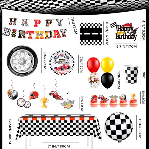 Decoraciones de cumpleaños de coche de carreras con vajilla desechable resistente de cuadros 7