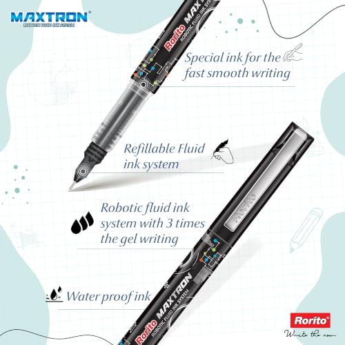 Image of Rorito Maxtron Pen | Robotic Fluid Ink Technology | Tungsten Carbide Fine Tip | Waterproof Ink | Ideal Pen for Students | Refillable (Black)