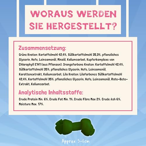 Pawtato kleine Kauknoten für Hunde vegan (1,6 kg Mischpackung), Hundeleckerli mit Süßkartoffeln, Reis & Backhefe für Energie, Leckerli für Hunde & Welpen auf Pflanzenbasis, Kausnack, gemischte Farben