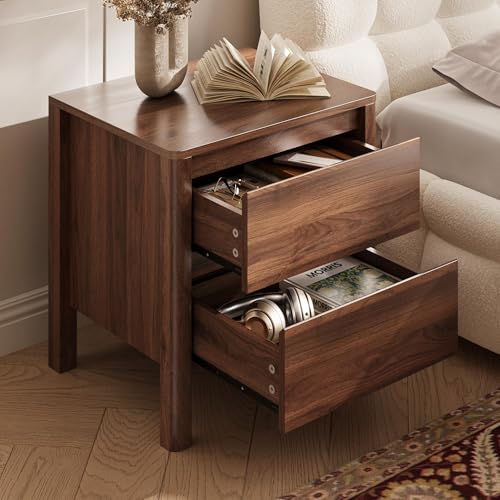Image of MAISONARIA Walnut Nightstands Set of 2, Mid Century Modern Bedside Table with Hidden Handles and Wood Legs, Wooden End Table with 2 Drawers for Bedroom