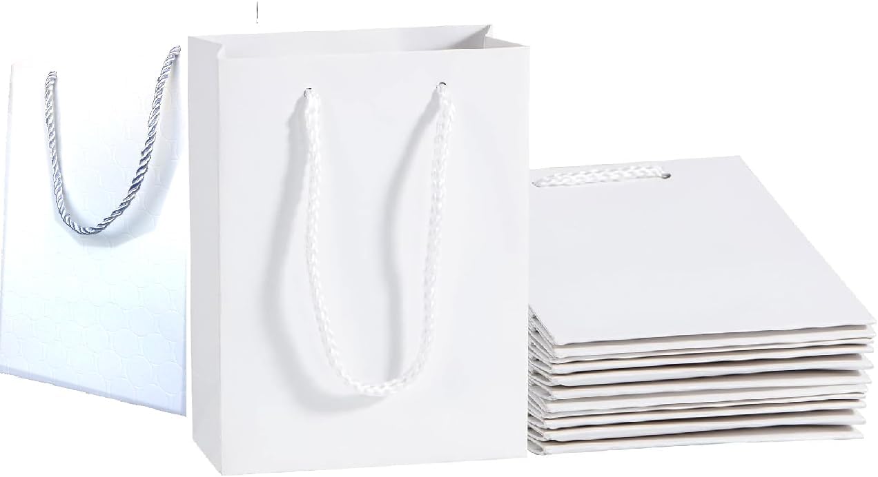 Rosy.Moment Small Paper Gift Bags 12 Pieces Set, Eco-friendly Paper Bags, With Handles Bulk, Paper Bags, Shopping Bags, Kraft Bags, Retail Bags, Party Bags 14x11x6Cm, Color White