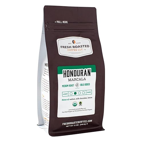 Fresh Roasted Coffee, Marcala hondureña orgánica, 12 onzas, tostado medio, Kosher, grano entero