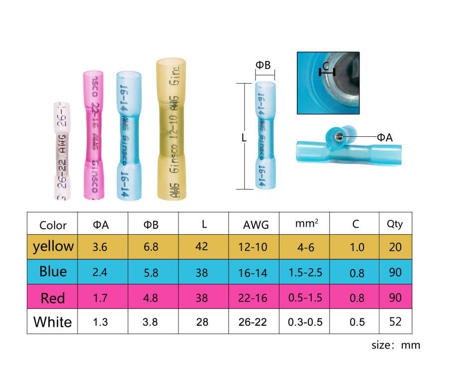 Ginsco 252pcs 26-10 AWG 4 Size Heat Shrink Wire Butt Connectors DIY Kit Waterproof Marine Automotive Terminals Set