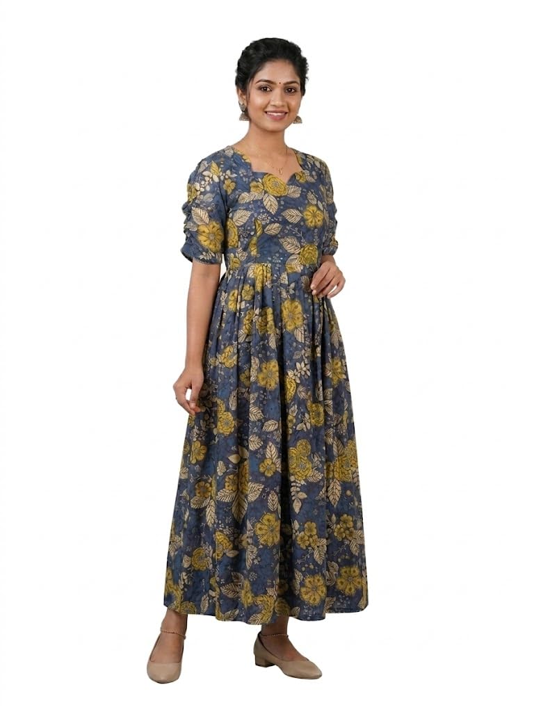 Women's Cotton Floral Print Maternity Maxi Dress with Dual Hidden Zippers for Nursing | Indigo Blue Feeding Gown with Adjustable Back Rope and Pocket-picture-36