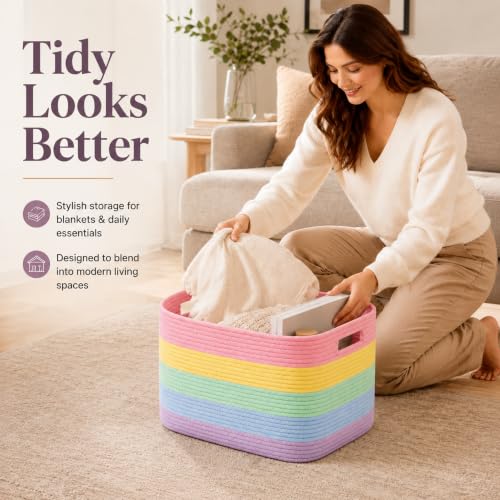 Image of 22.8GAL Extra Large Collapsible Laundry Basket for Dirty Clothes,Shoes, Sturdy Portable Aesthetic Boho Heavy Duty Wicker Hamper for Living Room Thow Pillows Blankets Storage Organizer,Rainbow Pastel