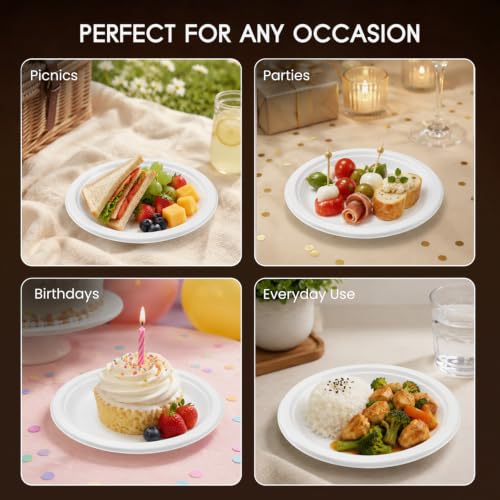 Image of Bonkaso 6 Inch, Pack of 100 Bagasse Disposable Round Plates (White)| Eco-Friendly Sugarcane Paper Plates | Biodegradable, Compostable & Sturdy | Ideal for Snacks, Desserts, Parties, Weddings & Events