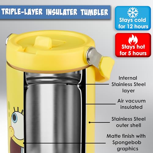 Image of Get Trend SpongeBob SquarePants 30oz Tumbler with Handle and Straw, Kids Stainless Steel Insulated Water Bottle, BPA-Free, Leak-Proof, Cold for 12h, Hot 5h, Gifts for Boys Girls (Yellow SpongeBob)