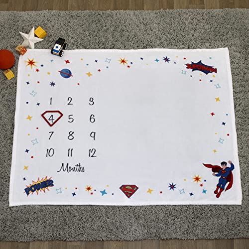 Image of Everything Kids Warner Brothers Superman White and Red Power, Icon, and Stars Milestone Baby Blanket