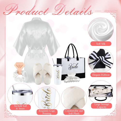6 Pcs Wedding Bridal Gifts Bridal Robe Sets with Slippers 20 oz Bride Tumbler Canvas Tote Bag White Satin Scrunchies Hair Clip Wedding Day Robe for Women Engagement Bachelorette Party4