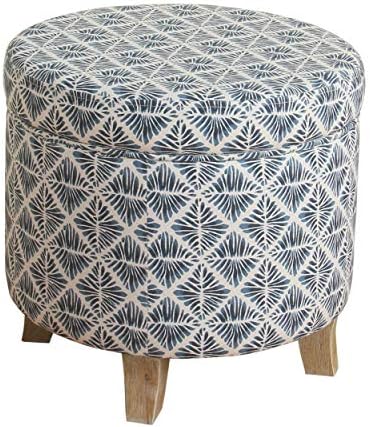 Homepop Home Decor | Upholstered Round Storage Ottoman | Ottoman with Storage for Living Room & Bedroom with Flared Legs, Navy Blue Geometric Pattern Large