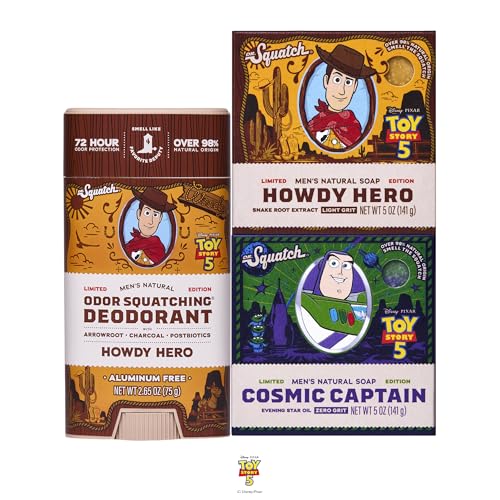 Dr. Squatch Natural Mens Bar Soap and Deodorant Limited Edition Disney and Pixars Toy Story 5 Gifts for Men Cold Process Soap Bar & Aluminum-Free Deodorant Howdy Hero & Cosmic Captain (3-Pack)