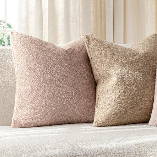 Image of Foindtower Set of 2, Decorative Textured Boucle Throw Pillow Covers Accent Solid Pillow Cases Neutral Soft Cozy Couch Cushion Case for Chair Sofa Bedroom Living Room Home Decor 20 x 20 Inch Light Pink