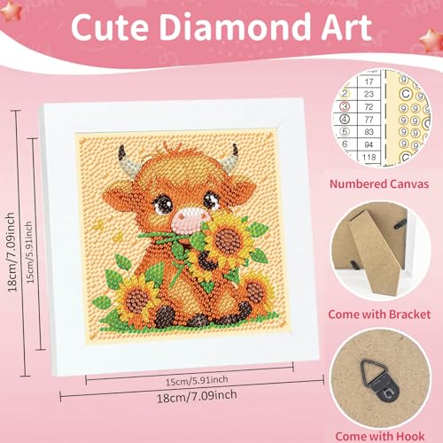 Gemozaic Diamond Art Kits for Kids with Frame, Highland Cow Diamond Art Painting Kit for Kids Ages 6-8-12 for Gift Home Wall Decor (7x7inch) — view 2
