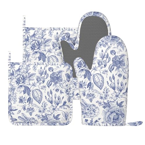 Vintage Flower Blue And White Leaves Oven Mitts and Pot Holders
