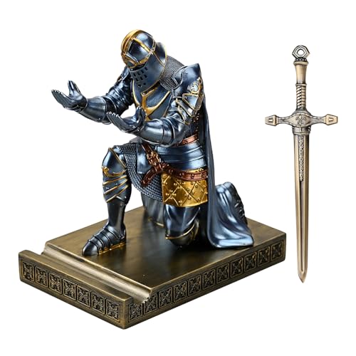 HDMbigmi King's Guard Leader   Soporte para bolígrafo de caballero guerrero, soporte para teléfono móvil, estatua de caballero, pisapapeles para oficina y hogar (azul)