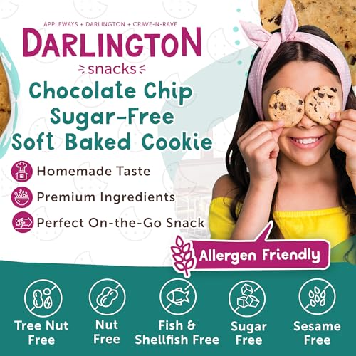 Image of Darlington Snacks Individually Wrapped Soft Baked Sugar Free Chocolate Chips, 100% Nut Free Sugar Free Cookies for Diabetics, Made in USA, 106 Count