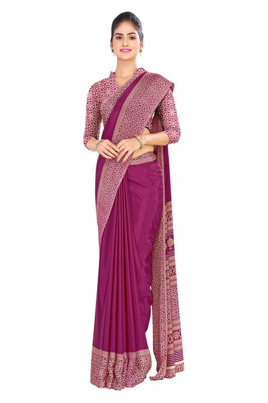 uniform sarees corp Purple Women's PPL Premium Silk Chiffon Ikat Print Annual Function Uniform Sarees With Blouse Piece-picture-24