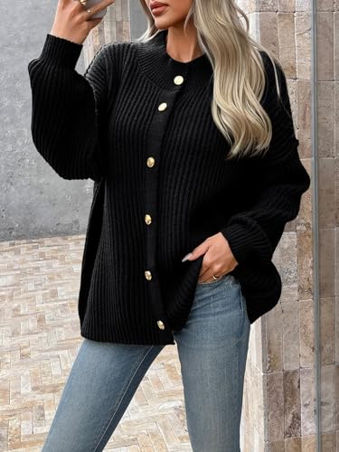 Saodimallsu Womens Button Down Cardigan Sweaters Oversized Lantern Sleeve Knit Jacket Winter Mock Neck Outwear Trendy Coats3