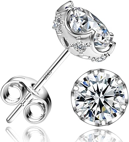 NEOSHOW 18K White Gold Plated Round Cubic Zirconia Simulated Diamond Stud Earrings Solid Sterling Silver Post 6 Prong Sparkly CZ Studs Earrings for Women Men (5MM, White Gold 5MM)