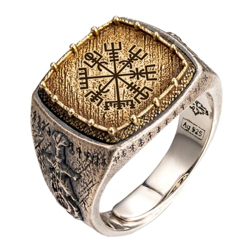Bague vegvisir boussole viking bague rune et épée et dragon en argent sterling 925 bicolore bijoux nordique pour homme taille 67 réglable