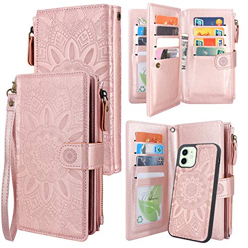 Harryshell Compatible with iPhone 12 / iPhone 12 Pro Case Wallet Detachable Magnetic Zipper Leather Cash Pocket with 12 Card Slots Holder Wrist Strap for iPhone 12 / Pro 6.1 inch (Floral Rose Gold)