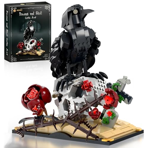 Gothic Raven & Skull Art Building Set Skull Decor Features Ravens Skulls Roses Crosses and Books - Eye-Catching Table Centerpiece Halloween or Birthday Gift for Adults & Kids Ages 8+ (758 PCS)