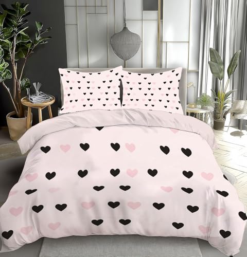 Parure de lit Éventail Noir Amour en microfibre rose clair 240x260 cm avec taies