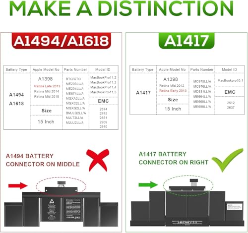 Image of WeFly A1417 Laptop Battery for Ma /Book Pro 15 inch Retina A1398 [ Mid 2012 Early 2013], fits MD831LL /A MC975LL /A MC976LL /A ME665LL /A ME664LL /A (A1417)