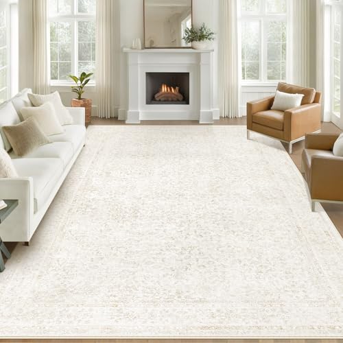 Image of 8x10 Area Rugs for Living Room: Washable Large Vintage Floral Rug Low Pile Non-Slip Boho Carpet for Bedroom Dining Home Office (Floral Beige, 8'x10')